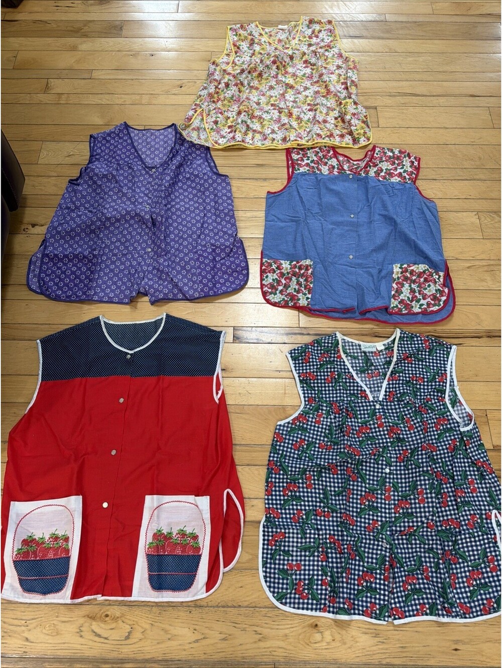 VTG Artistic Apron House Women Large Cobbler Smock Pockets Lot Of 5 Fruit Floral